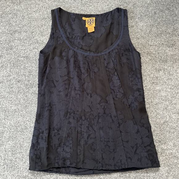 Tory Burch Silk Top Women Size 4 Floral Black Navy Tank Semi Sheer Chiffon - Picture 5 of 11